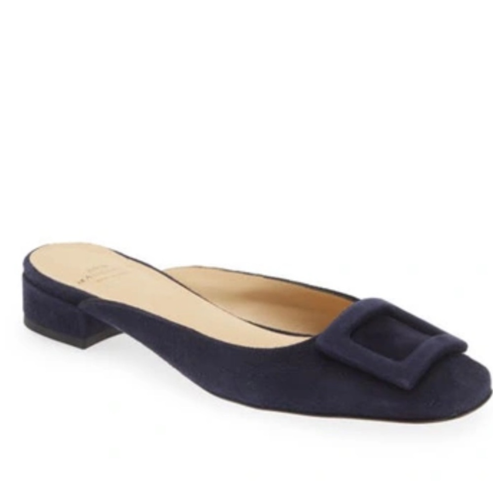 ANN MASHBURN Navy Suede Square-Buckle Backless Mules